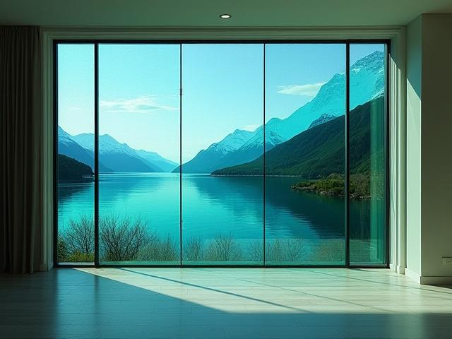 Arkitektonisk glasspanel med fjordmotiv